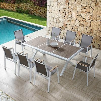 China Outdoor Metal Patio Garden Dining Table Set With 3m Wood Table And Balcony Lounge Chairs for sale