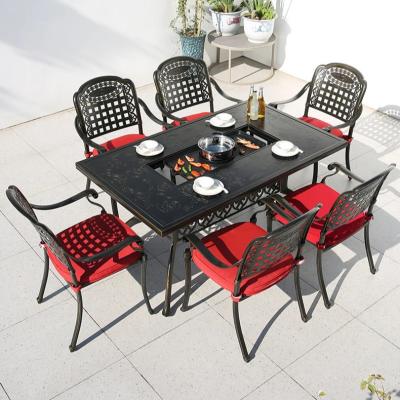 China Tuin Terras Balkon Gegooid Aluminium BBQ Grill Rechthoekige Tafel en Stoel Set 1.5M Te koop