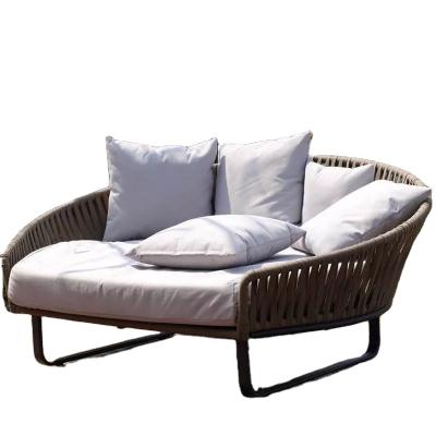 China Modern Simplicity Bed Rattan Art Round Synthetic Rope Woven Outdoor Furniture Aluminum Bed for sale