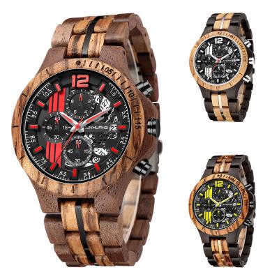 China Water Resistant KUNHUANG 1023 Wood Strap Watches Men's Multifunction Chronograph Quartz Calendar Watch Unique Wooden Clock Male for sale