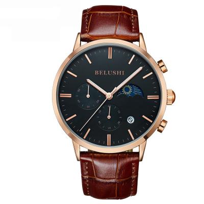 China BELUSHI 526 Full Calendar Moon And Stars Change Simple Quartz Wristwatches Genuine Leather Strap Men Business Watch Relogio Masculino for sale