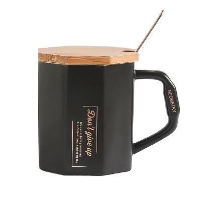 China Disposable Octagon Shape Diamond Ceramic Coffee Mug Drink Water Cup With Lid And Wooden Spoon for sale