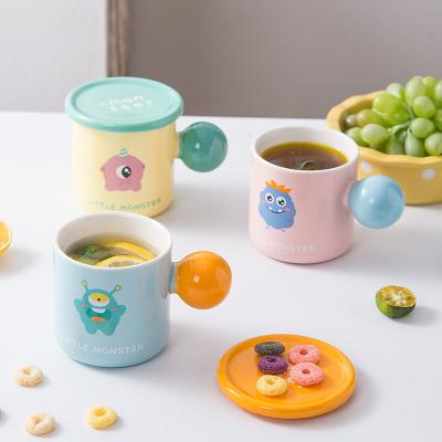 China Cartoon Disposable Creative Style Ceramic Coffee Cup With Lid Cover Snack Chubby Ball Handle Colored Cute Tray Drinks Cups for sale