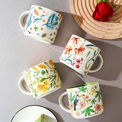 China Wholesale Country Style Disposable Flower Cup Large Capacity Milk Breakfast Cup Ceramic for sale