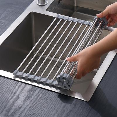 China Stainless Steel Drainage Rack Silicone Water Filter Holder Rolling Shutter Sink Bowls Folding Fruits and Vegetables for sale