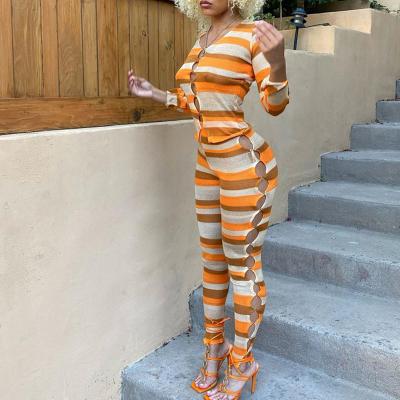 China Fashion Women Breathable Stripe Two Piece Set Matching Sets 2021 Streetwear Autumn Cut Out Long Sleeve Top and Pencil Pant Suit for sale