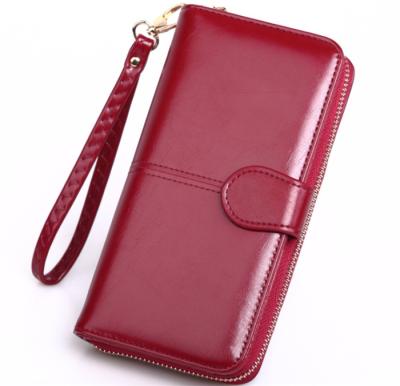 China Ladies Fashion Wax Leather Card Wallet Feminine Women Long Zipper Mobile Phone Clutch Waterproof Casual Purse Wallets for sale