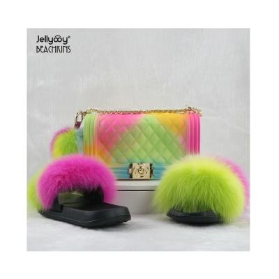 China High Quality USA Rainbow Jelly Bag Pvc Silicone Bag Match Fur Slips Fur Slippers Women Chain Cross - Body Purses Handbag for sale