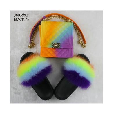 China Hot Sale Lady BPF Matte Rainbow Jelly Bag With Fox Fur Slides Sets Purse Bag Match Fur Slippers Colorful Sandals for sale