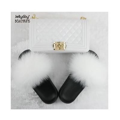 China 2021New Arrivals Lady BPF Rainbow Color Fur Slides Slippers And Cross - Body Bag Set for sale