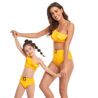 China Breathable Yellow Sexy Mommy And Me Girl Bikini Ruffle Swimsuit Lovely New Fashion Custom Made Spandex Knitted Swimwear Design for sale