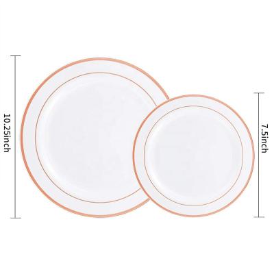 China Good Quality Disposable Fancy Premium Disposable Plastic Round Part Customized Plates To Wedding Combo Set With Gold / Silver Rim for sale