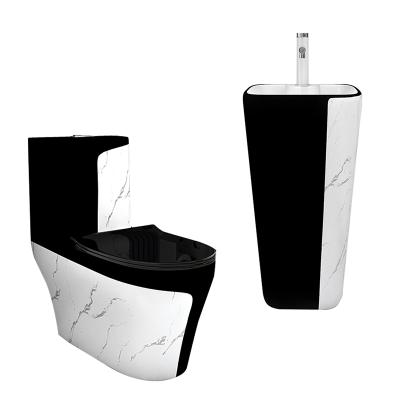 China Double-flow Design Toilet Bowl Basin Strap and Hand Washer Black White Marble One-Piece Toilet Set for sale