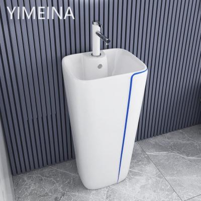 China Modern blue white color pedestal floor standing hand washbasin for sale