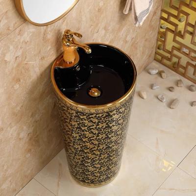 China Colorful Gold Flower Design Color Wash Hand Basin EUROPEAN Luxury Black Pedestal Sink for sale