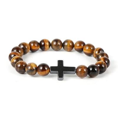 China Elastic Cross Tiger Eye Beaded Men's Women's Hematite Bracelet Healing 8mm Casual/Sporting Natural Stone Strand Bracelet for sale