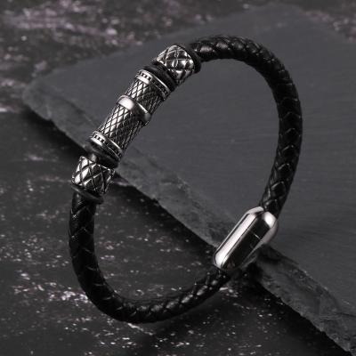 China Brown New Vintage Vintage Stainless Steel Black Magnetic Clasp Charm Genuine Leather Bracelets Bangles For Women Men for sale