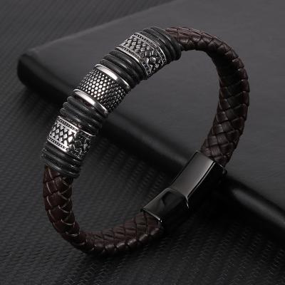 China Hot Selling INS Vintage Retro Men Jewelry Stainless Steel Tube Charm Wide Black Genuine Leather Bracelets Brown Bangles for sale