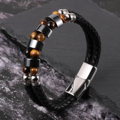 China FASHIONABLE Natural Hematite Tiger Eye Stone Bead Men's 2 Layer Bracelet Genuine Leather Black Bracelet for sale