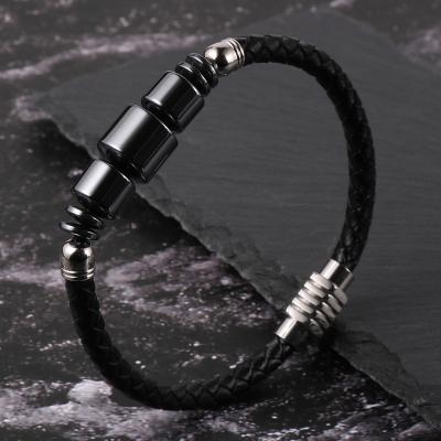 China Vintage Punk Mens Hematite Vintage Tube Stone Bead Stainless Steel Clasp Natural Magnetic Black Coffee Genuine Leather Bracelet for sale