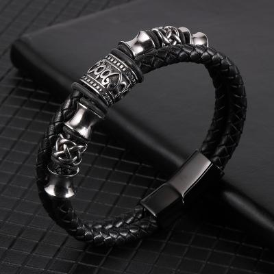 China Punk Men Steam Punk Jewelry Stainless Steel Charm Bracelet Layered Real Black Brown Cowhide Leather Bracelets for sale