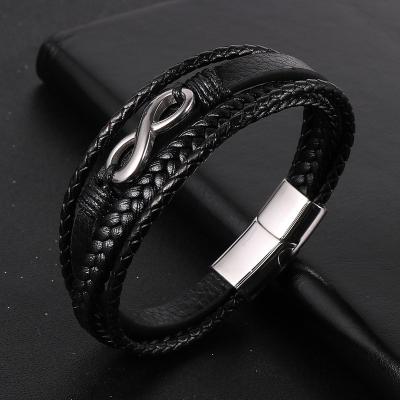 China The Infinity Casual/Sporty Genuine Leather Logo Pattern Men Bracelet Wrap Stainless Steel Multilayers Bracelet for sale