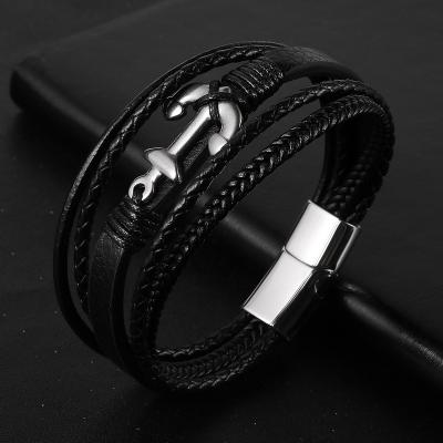 China Vintage Layered Braided Black Cowhide Leather Bracelet Stainless Steel Boat Anchor Wrap Bracelet For Men for sale