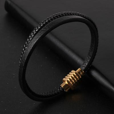 China Casual / Sporty Minimalist Homme Leather Double Plain Black Braided Genuine Leather Wrap Bracelet For Men for sale