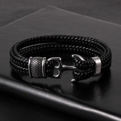 China FASHIONABLE Sailor Anchor Clasp Multilayers Stainless Steel Braided Black Genuine Leather Wrap Bracelet For Men for sale