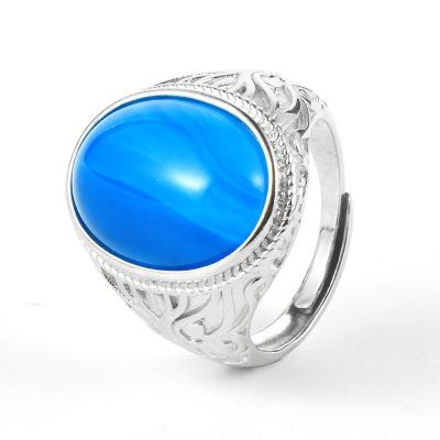 China Natural Stone 13*18mm TRENDY Tiger Eye Blue Agate 925 Cupronickel Silver Plated Adjustable Rings For Women Men for sale