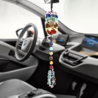 China Luxury Entry Healing 7 Chakra Energy Orgone Car Rearview Mirror Decoration Ornament Long Natural Chip Gravel Tassel Hanging Car for sale