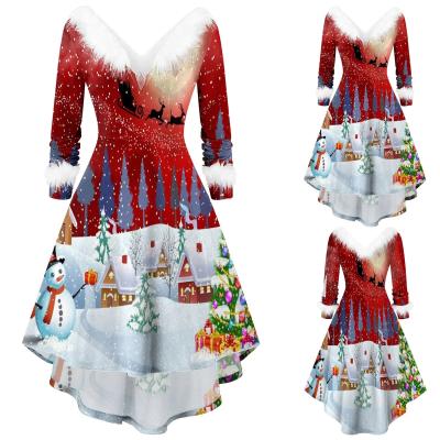 China Hot Christmas New Year Dress Dresses Christmas Adult Women Santa Costume Long Sleeve V Collar Vintage Fashion Viable Plush Vestidos for sale