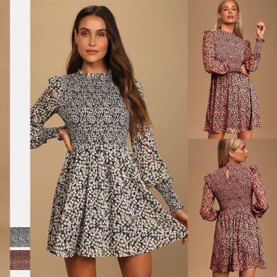 China 2021 Floral Vestidos Vintage Autumn Women Dress For Female Long Sleeve Chiffon Shirt Dress Midi Dress Winter Breathable A-Line Dress for sale