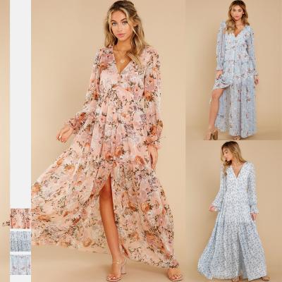 China Maxi Vestidos Autumn New Elegant Vintage V Neck A Line Dresses Women Chiffon Long Dress Floral Print Breathable Lantern Sleeve for sale