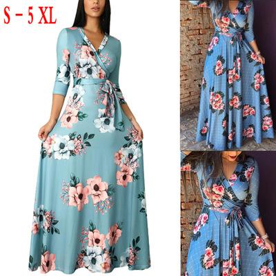 China Casual Tunic Long Maxi Dress Coldker Party Dress Women Half Sleeve Maxi Dress Breathable Floral Print V-Neckline for sale