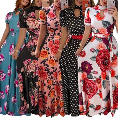 China Women's Floral Wrap Maxi Long Dresses Maxi Dress Short Sleeve Faux Breathable With Belt Coldker for sale