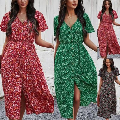 China Red Floral Print Ladies Summer Breathable Fashion Casual Dress Button Up Front Split Long Dresses New Arrival Clothes For Women 2021 Fall for sale