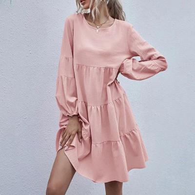 China 2021 Cotton Breathable Canvas O Neck Mini Dress For Women's Lantern Sleeve Quilting Big Loose Swing Dress Full A Line Women Clothes Vestido for sale