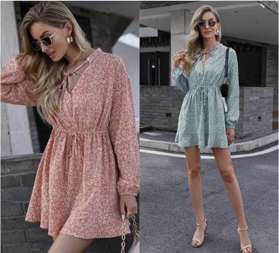 China 2021 Spring Floral Print Breathable Women Dress Long Sleeve Lace Up Beach Dresses Holiday Boho Mini Vestidos Mujer Coldker Woman V-neck for sale