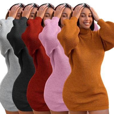 China Anti-Wrinkle Solid Color Turtle Neck Bat Wing Sheath Package Hip Sweater Knitting Dresses For Women Fashion Autumn Winter Slim Casual Clothes for sale