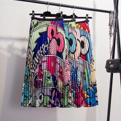 China Women's Breathable Graffiti Pleated Skirts Cartoon Printed Elastic Waist A Line Swing Midi Coldker Skirt for sale