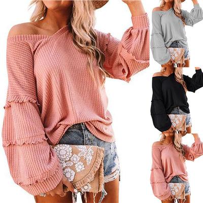 China Autumn Cotton Tops breathable V-neck ruffles new European and American women's hot lanterns sheath FashionTees loose Coldker for sale