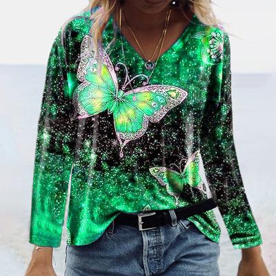 China 2021 Breathable Autumn Women Loose Casual V-Neck Tops Female Fluorescence Color Butterfly Printing Long Sleeve T-shirt Colkder for sale