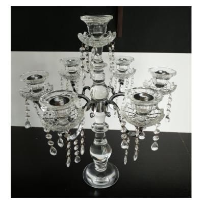 China Folk Art High Quality Factory Wholesale 7 Arm Long Handle Chinese Made Glass Crystal Candle Holders for sale