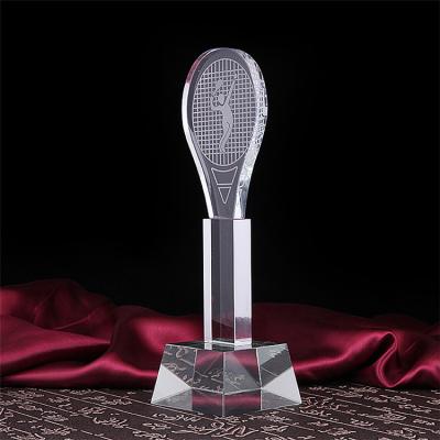 China Europe Bracket Tennis Racket Engraved Crystal Figurine Awards for sale