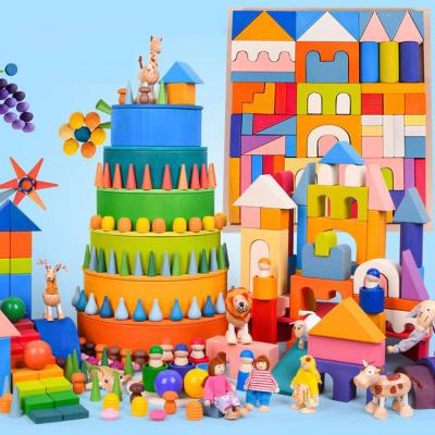 China 2020 Creative Baby Blocks Stacker Kids Toys Rainbow Color Diy Wooden Building Block Eco-friendly Wooden Educational Toys for sale