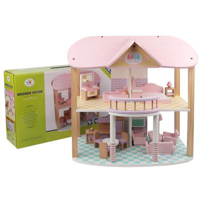 China Eco-friendly Material Children Pretend Play Family Miniature Pink Dolls House Wooden Toy Set Children Furniture Sets Bedroom Modern for sale