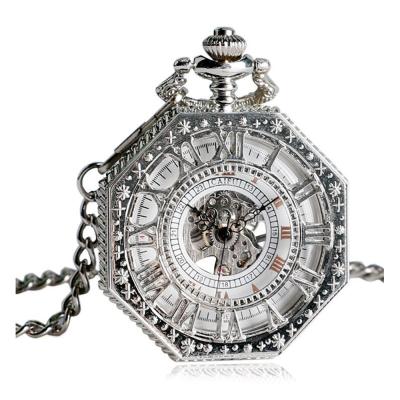 China Retro Old Railroad Skeleton Style Modern Skeleton Octagon Steampunk Hand Wind Mechanical Pocket Watch for sale