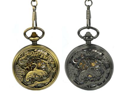 China Crane Mens Pocket Watch Mechanical Double Hand Wind Pocket Watch Modern Carving Skeleton New Gift For Men for sale