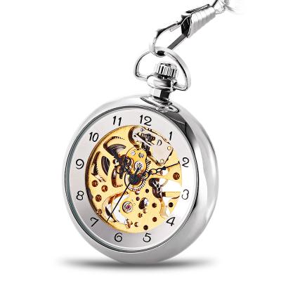 China Modern Silvery Open Face Mechanical Hand Winding Skeleton Men's Watch Clock Pocket Watch for sale